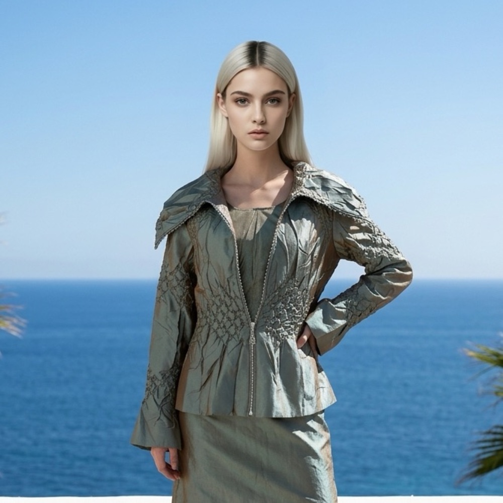 2-Piece Women’s Metallic Sage Jacket & Tank Set Embroidered Textured Size S